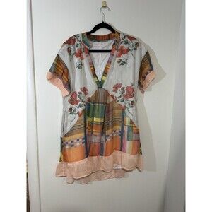 Multicolor Floral Plaid Ruffle V-Neck Tunic Blouse Women's Short Sleeve S